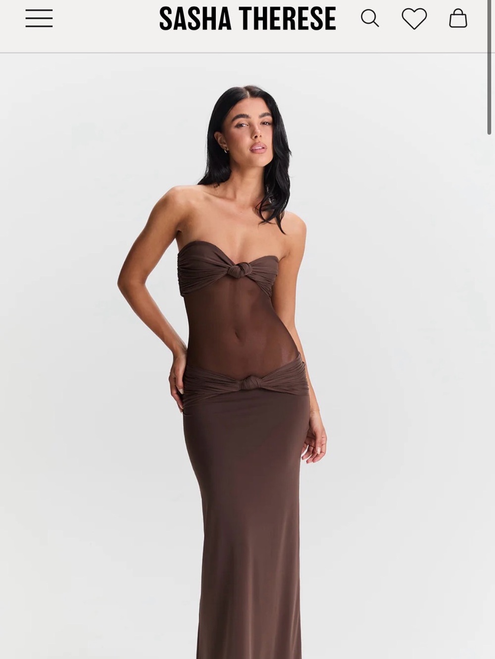 Sasha Therese Strapless Brown Sheer Knot-Detail Slip Dress